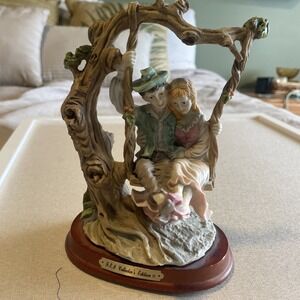 F.E.J. Collectors Edition Rustic 7" Lovers On A Swing Ceramic Figurine Cottage
